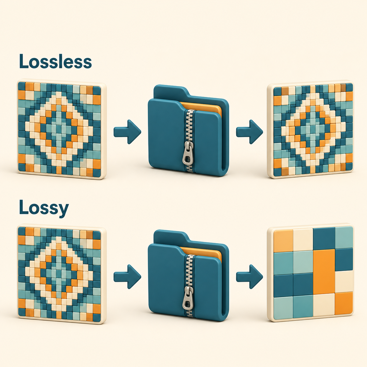 ภาพแนวคิดการบีบอัดแบบ Lossless ที่คืนข้อมูลครบ เทียบกับ Lossy ที่ลดรายละเอียด