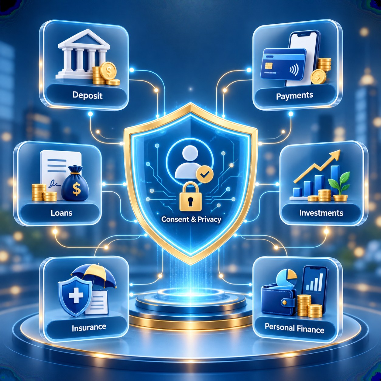 แผนภาพ Open Finance เชื่อมข้อมูลเงินฝาก การชำระเงิน สินเชื่อ การลงทุน และประกันภัยด้วยความยินยอม