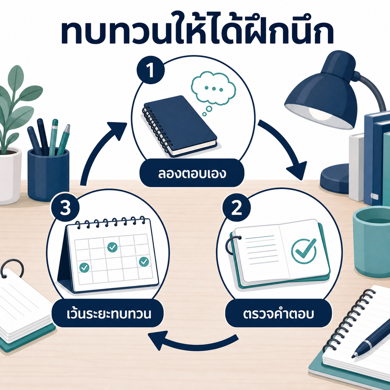 วงจรฝึกนึกความรู้: ลองตอบเอง ตรวจคำตอบ และเว้นระยะทบทวน